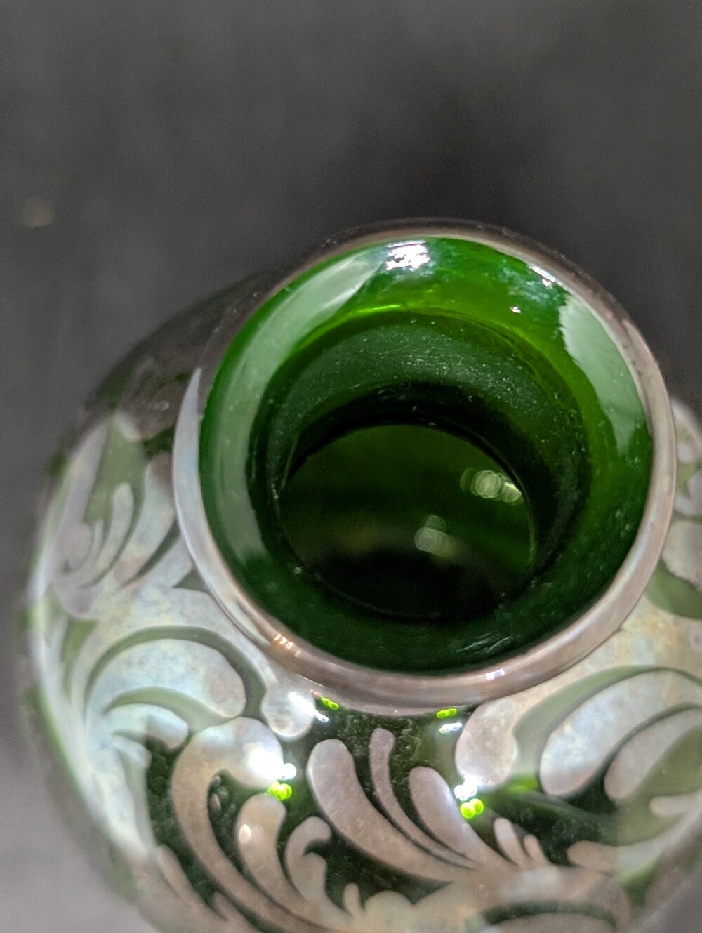 Vtg Silver Overlay Green Glass Decanter Bottle - Picture 6 of 12